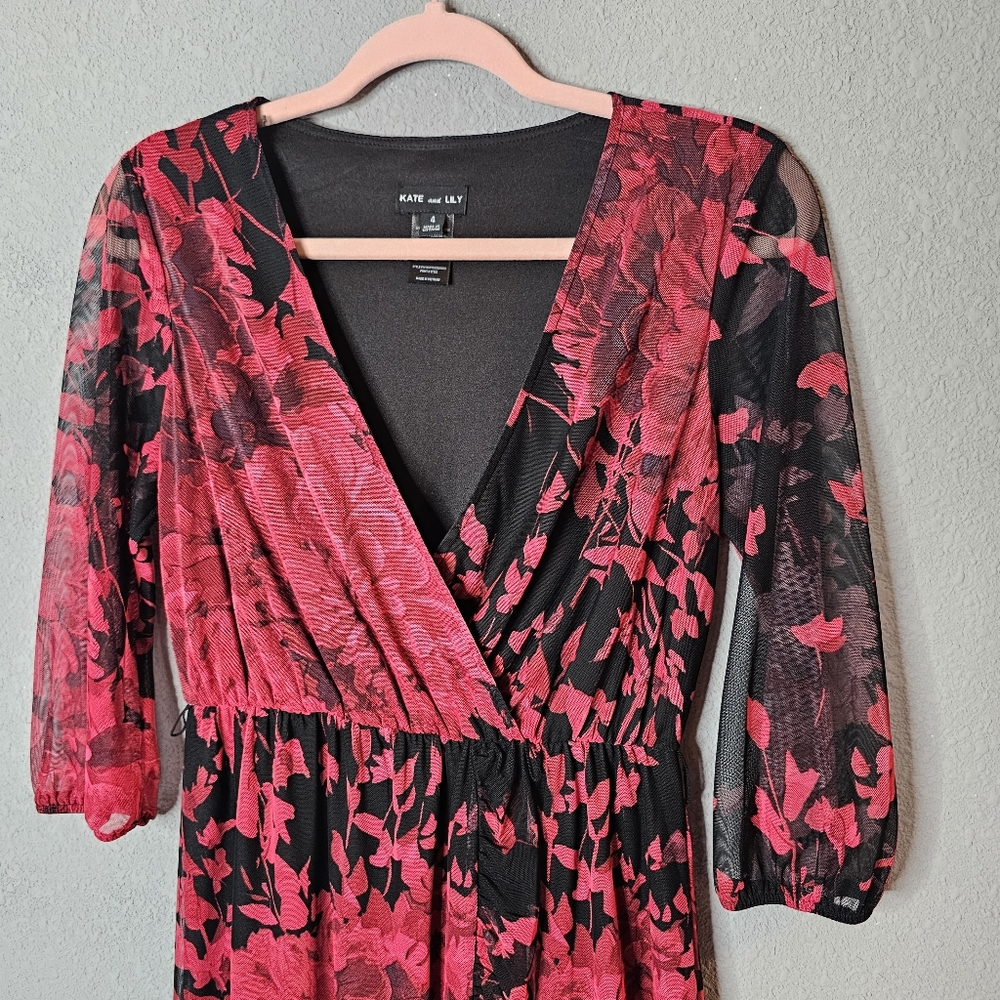 Kate and‎ Lily Dress Womens 4 Mesh Floral V Neck Sheer Sleeve Ruffle Midi Dark - Picture 3 of 15